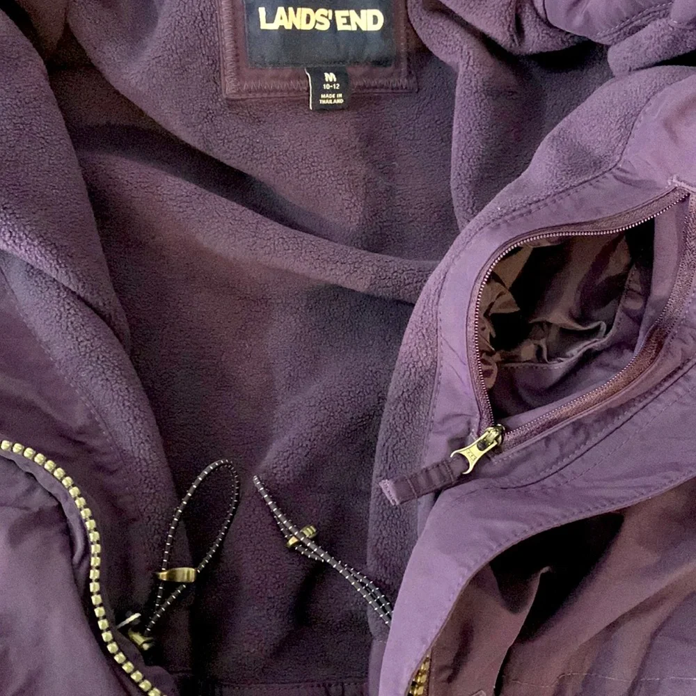 Lands’ End Parka Purple Medium Windbreaker Fleece Lined Full Zip Detachable Hood - Picture 10 of 17